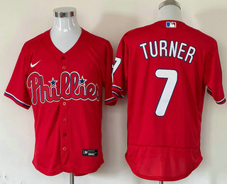 Mens Philadelphia Phillies #7 Trea Turner Red Stitched MLB Flex Base Nike Jersey->->MLB Jersey